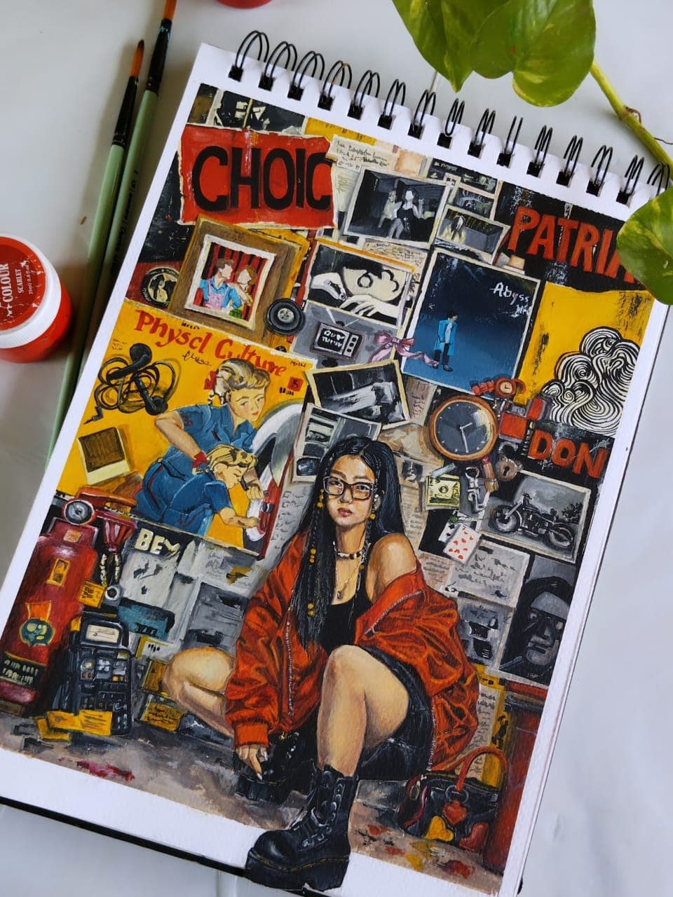 Diva surrounded by her paintings in a self-portrait collage