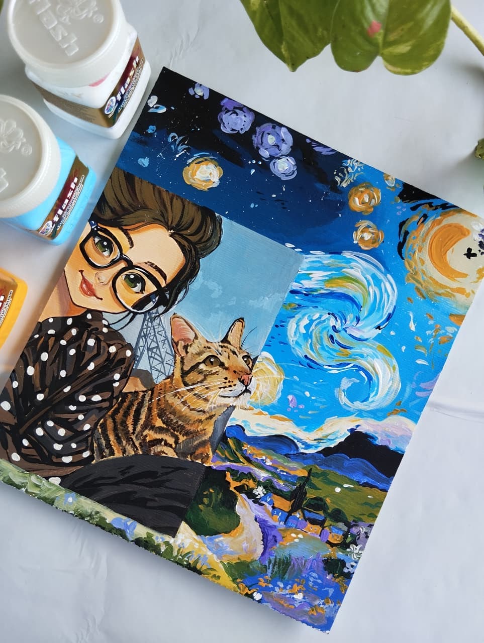 Girl and cat beneath a starry imagined landscape