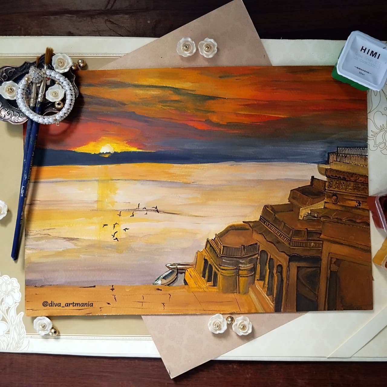 River at sunset interpreted as a colourful painting